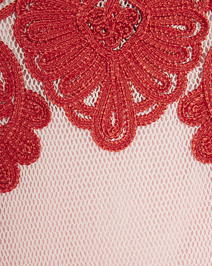 Pink Mesh Short Sleeve Embroidered Top