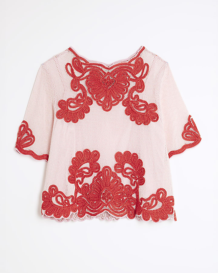 Pink Mesh Short Sleeve Embroidered Top