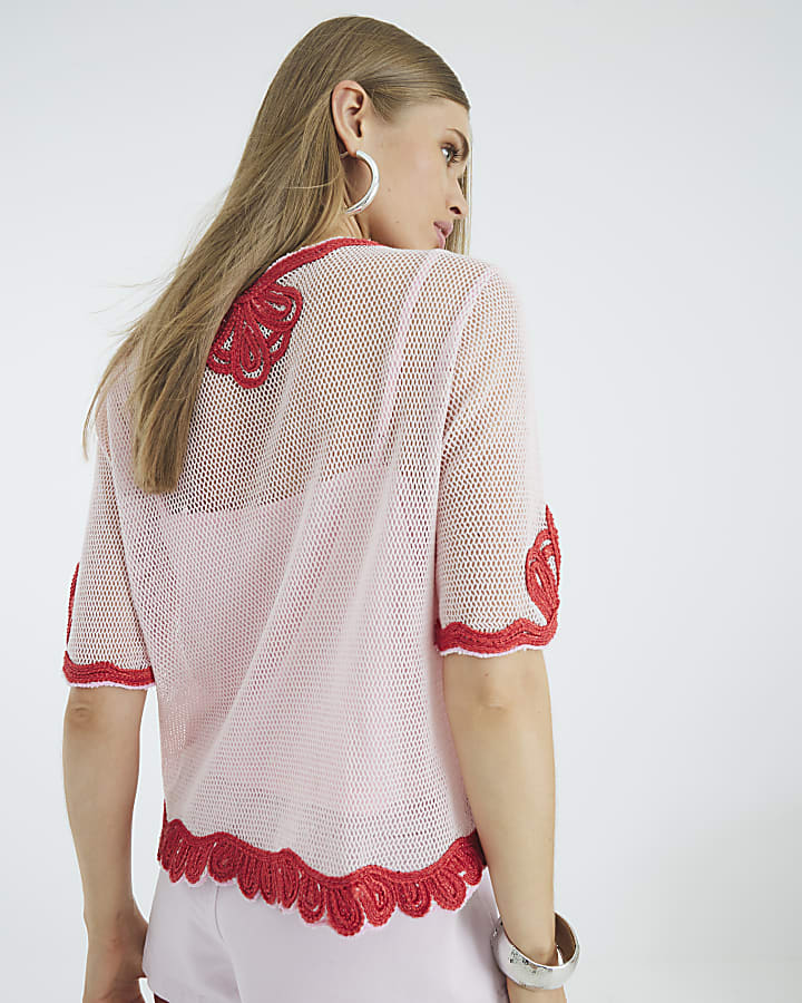 Pink Mesh Short Sleeve Embroidered Top