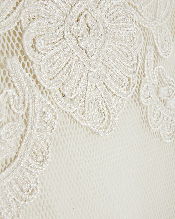 Cream Mesh Short Sleeve Embroidered Top