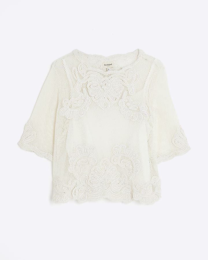 Cream Mesh Short Sleeve Embroidered Top