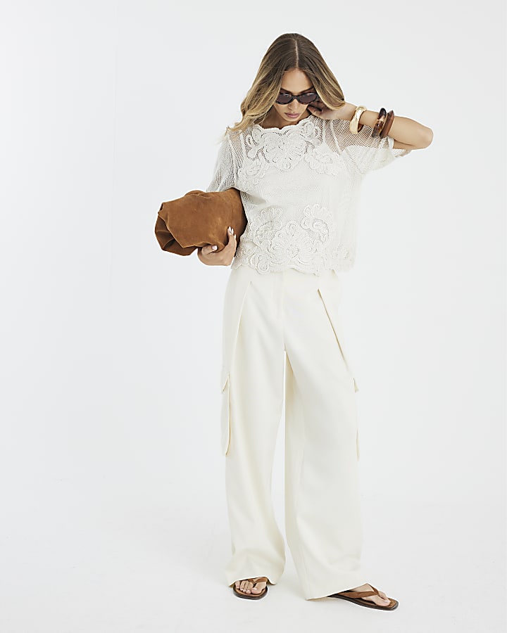 Cream Mesh Short Sleeve Embroidered Top