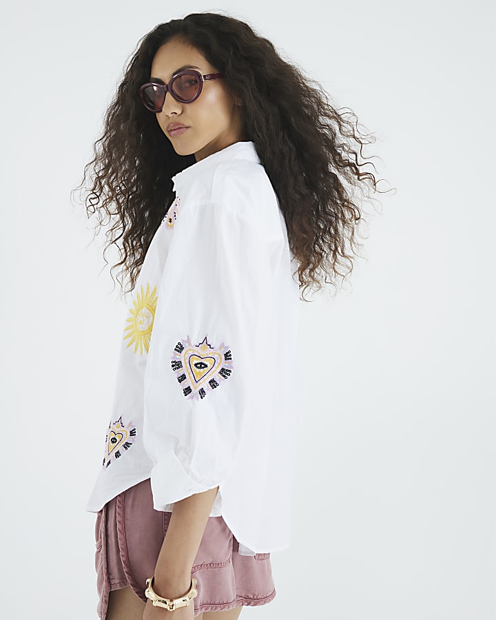 White Long Sleeve Eye Embroidered Shirt
