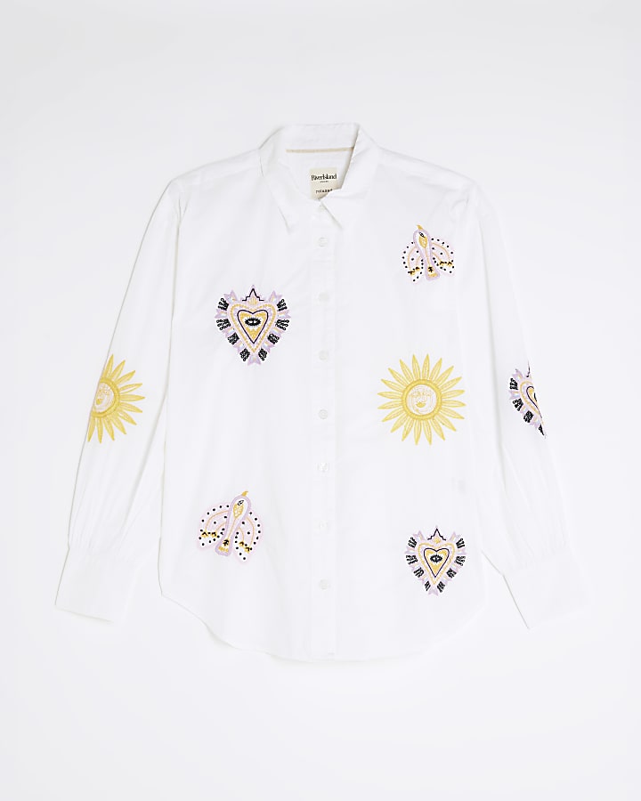 White Long Sleeve Eye Embroidered Shirt