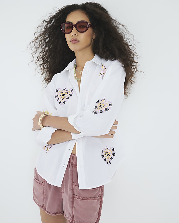 White Long Sleeve Eye Embroidered Shirt