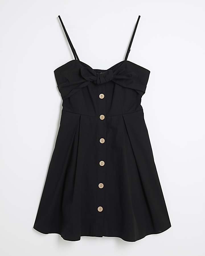 Black Bow Detail Button Up Mini Dress
