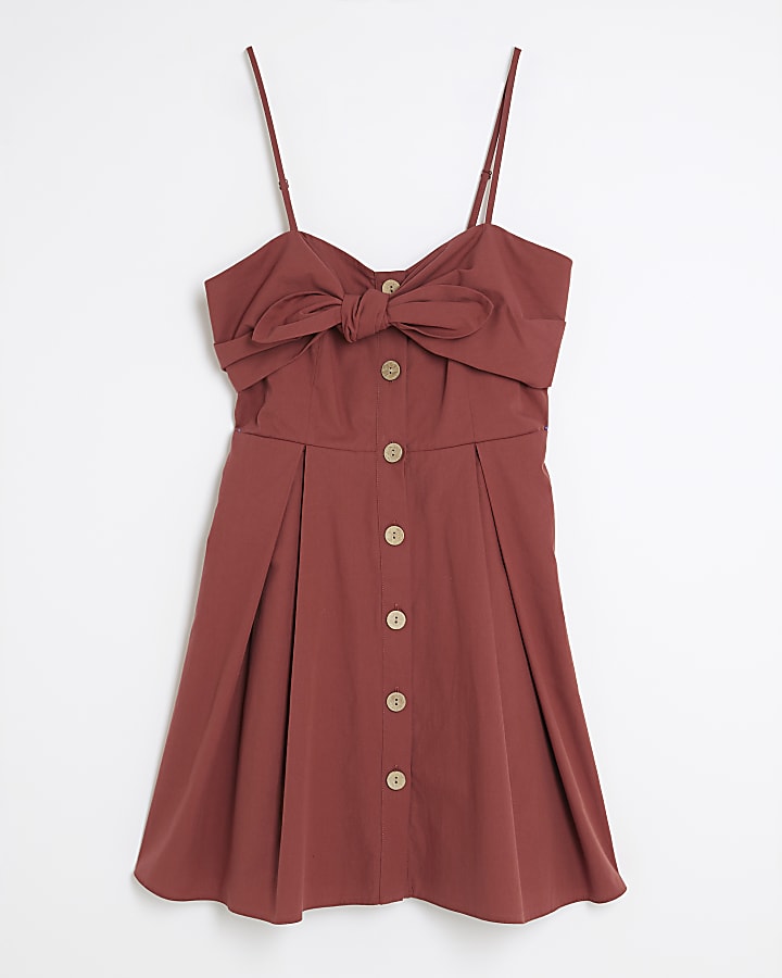 Red Bow Detail Button Up Mini Dress