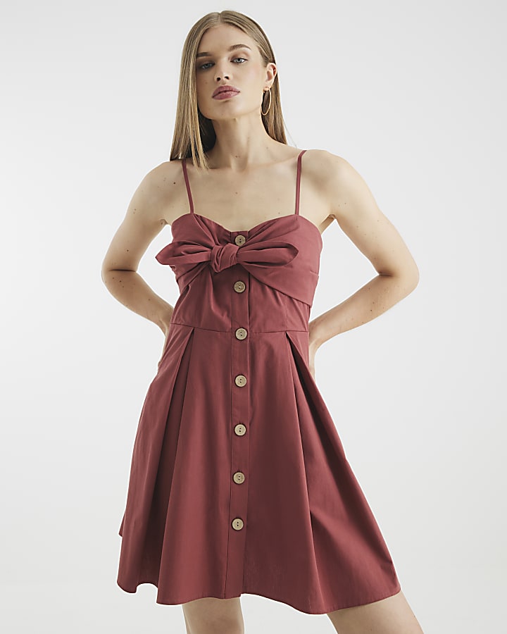 Red Bow Detail Button Up Mini Dress