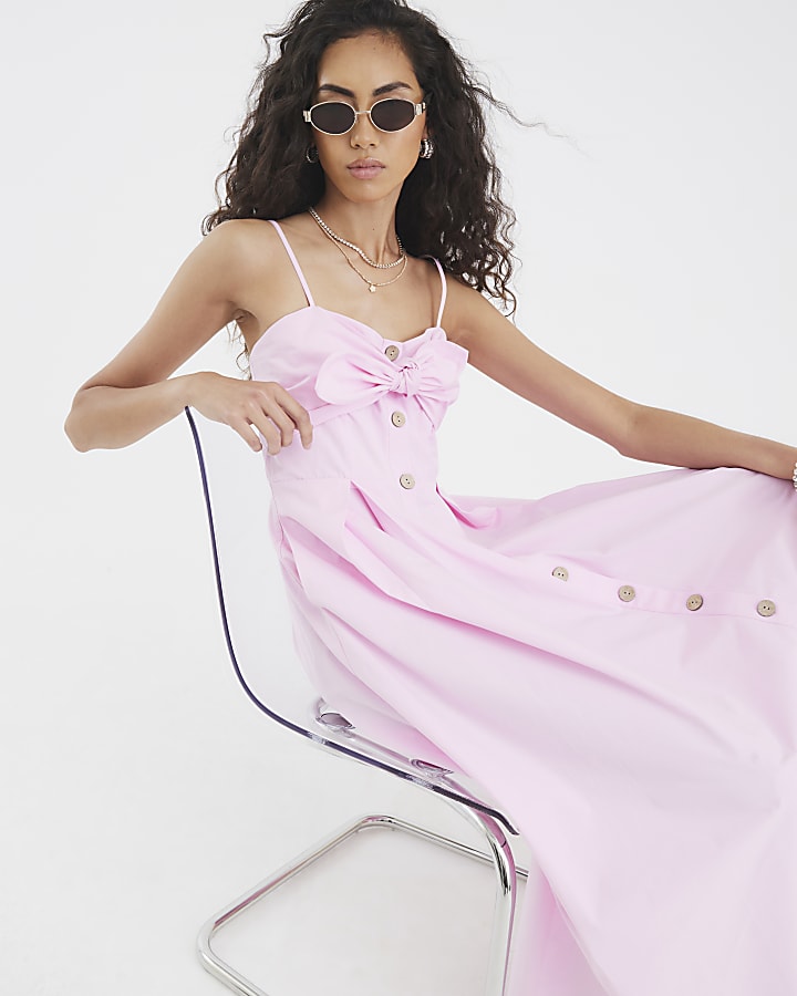 Pink Bow Detail Button Up Midi Dress