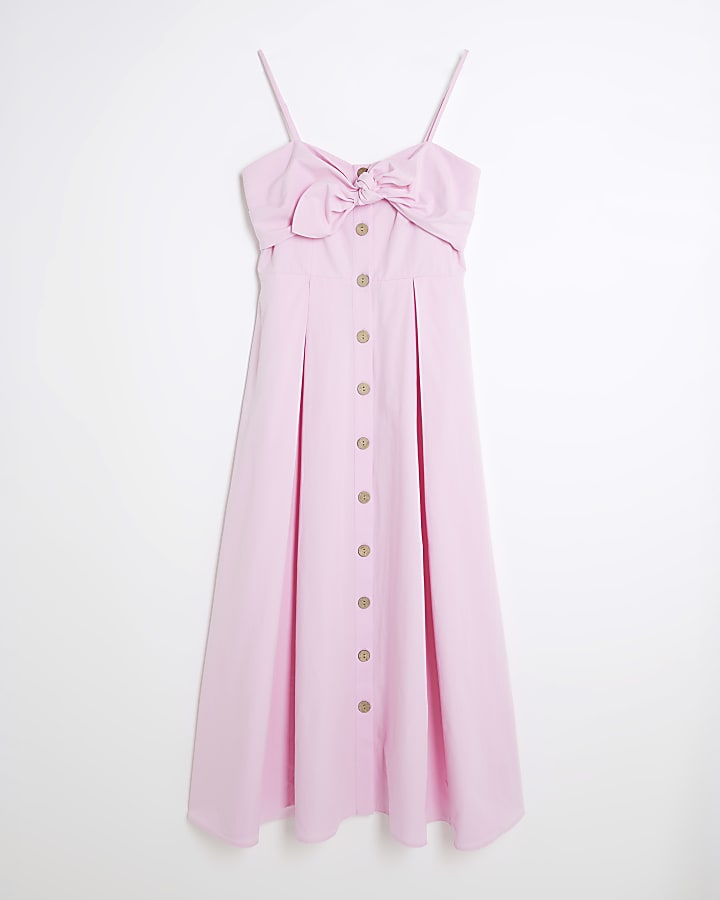 Pink Bow Detail Button Up Midi Dress