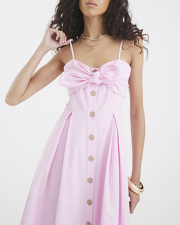 Pink Bow Detail Button Up Midi Dress
