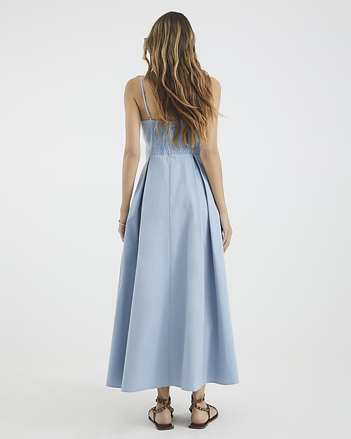 Blue Bow Detail Button Up Midi Dress