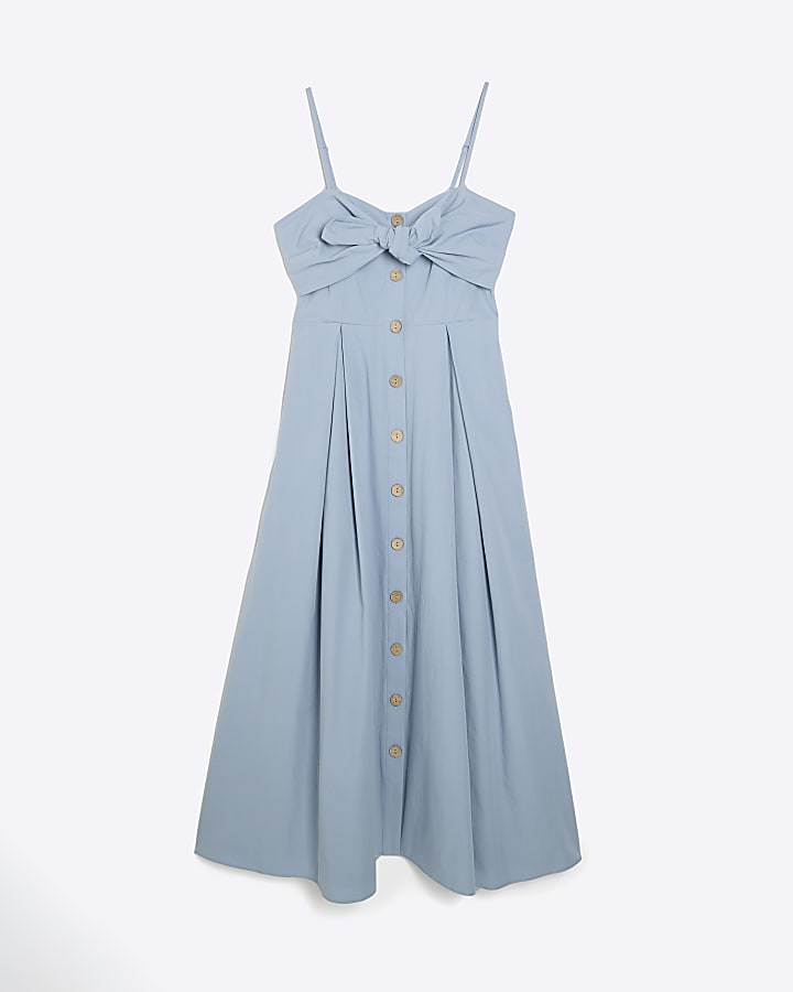 Blue Bow Detail Button Up Midi Dress