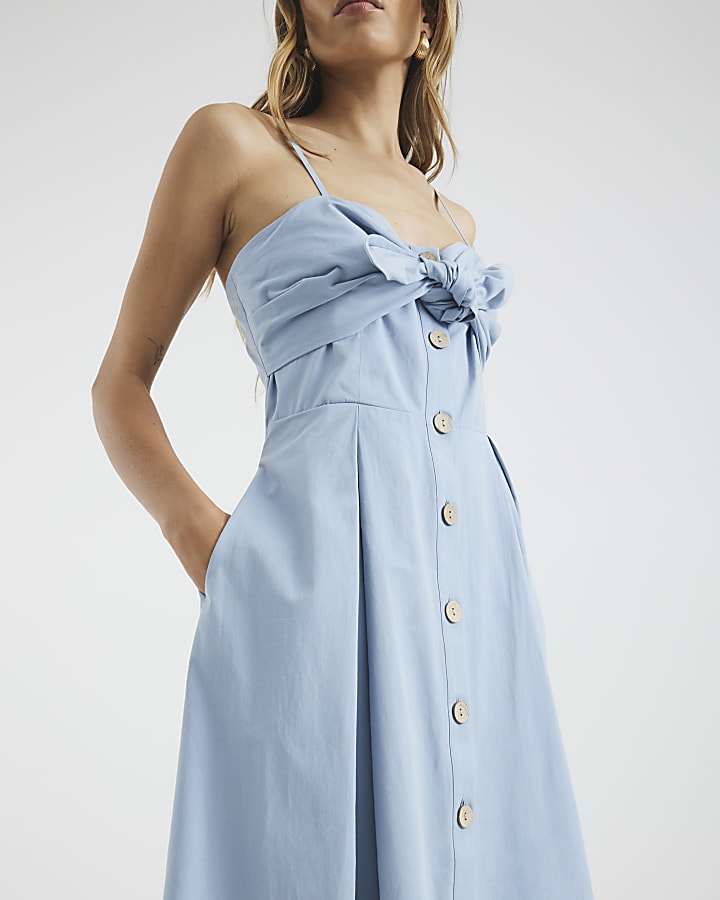 Blue Bow Detail Button Up Midi Dress