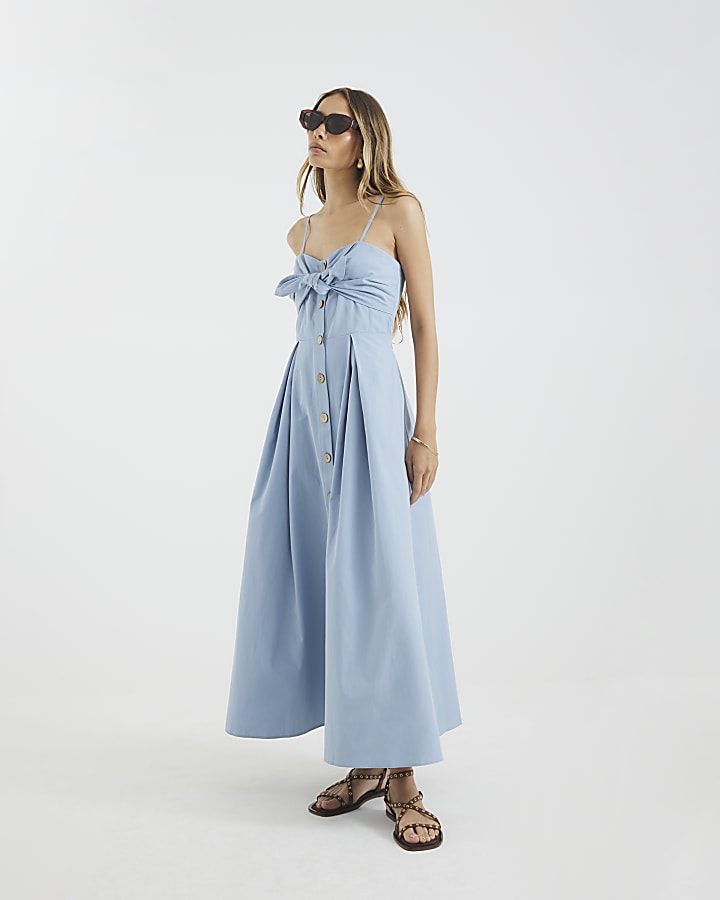 Blue Bow Detail Button Up Midi Dress