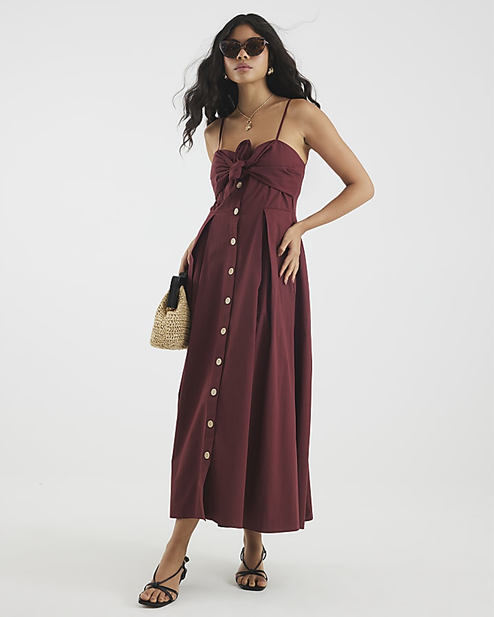 Purple Bow Detail Button Up Midi Dress