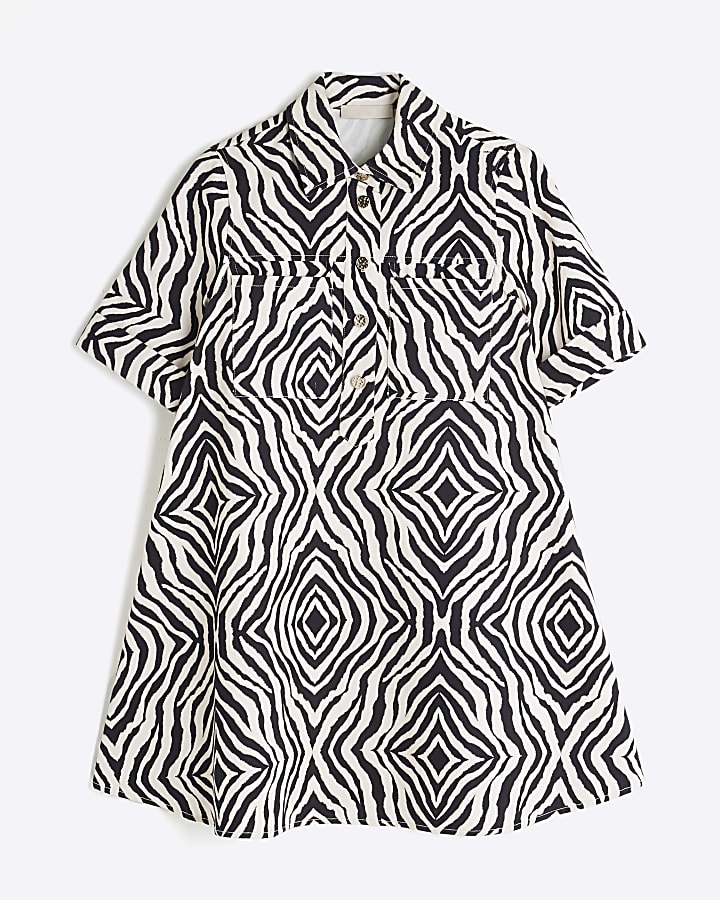 Black Zebra Short Sleeve Mini Shirt Dress