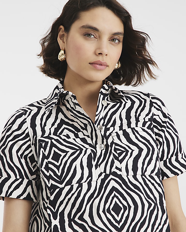 Black Zebra Short Sleeve Mini Shirt Dress