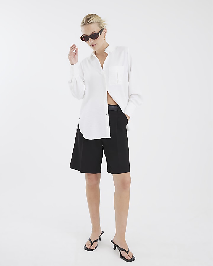 White Linen Blend Oversized Utility Shirt