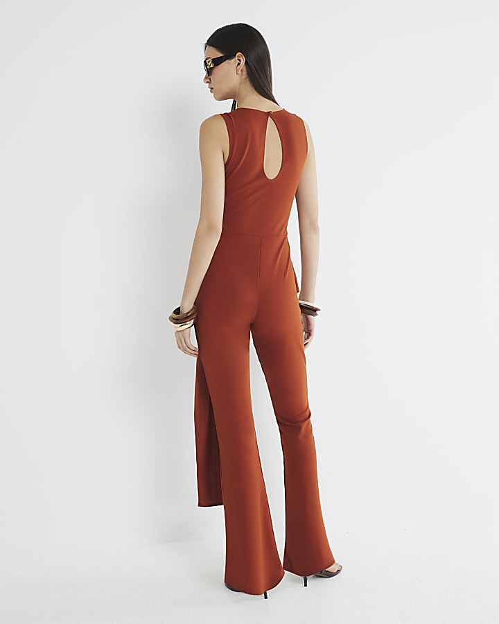 Rust Tie Waist Flared Leg Jumpsuit