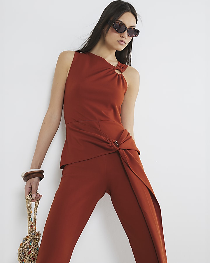 Rust Tie Waist Flared Leg Jumpsuit