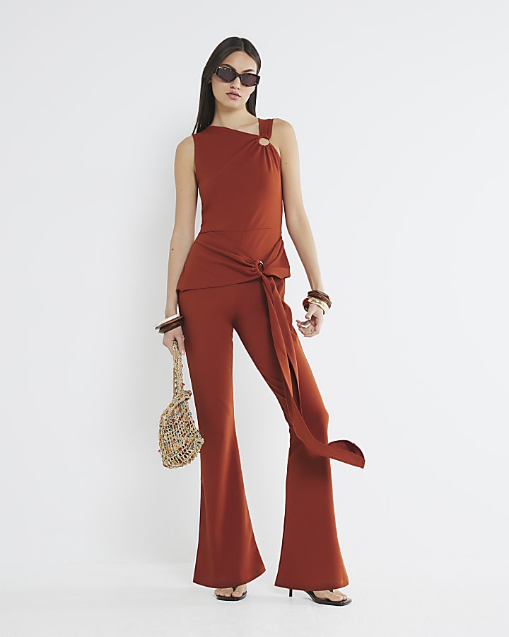 Rust Tie Waist Flared Leg Jumpsuit