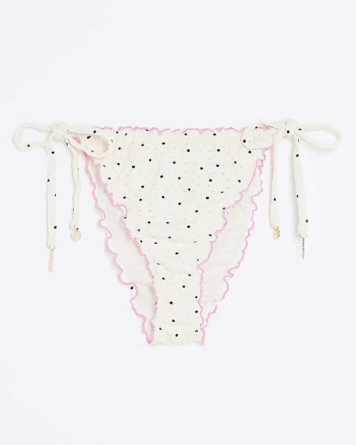 White Spot Print Tie Side Bikini Bottoms