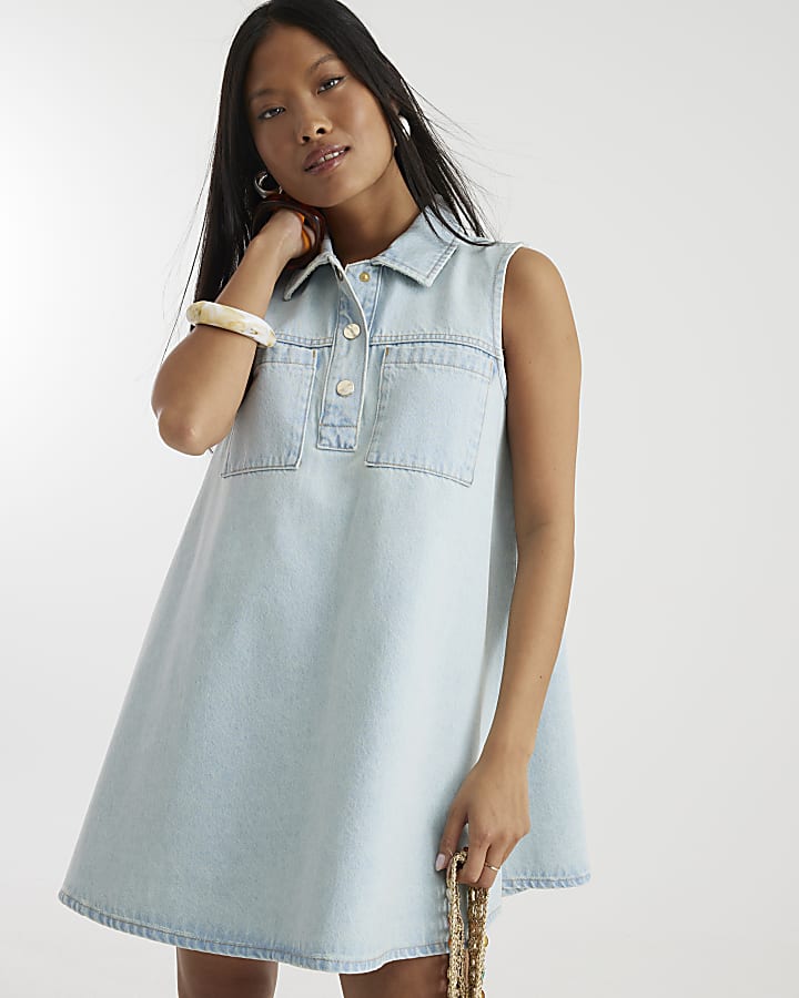 Petite Blue Denim Sleeveless Shirt Dress