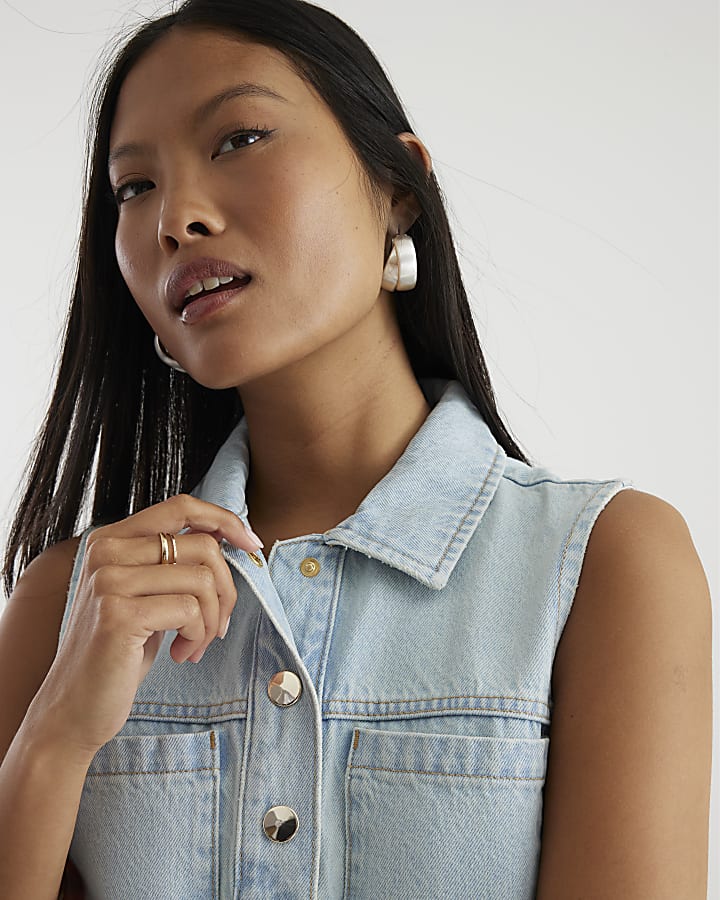 Petite Blue Denim Sleeveless Shirt Dress
