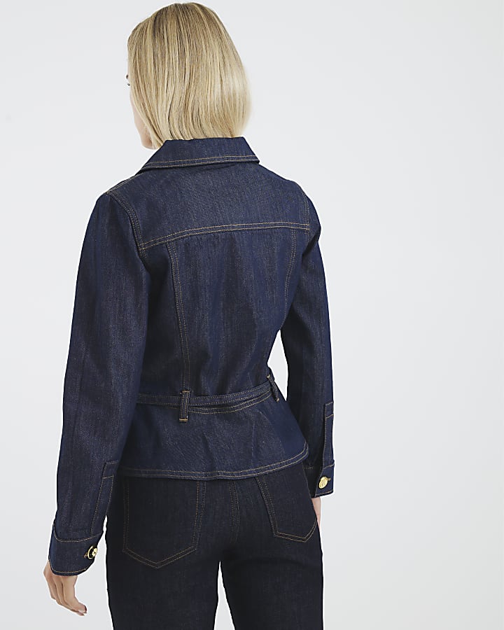 Petite Blue Denim Belted Peplum Jacket