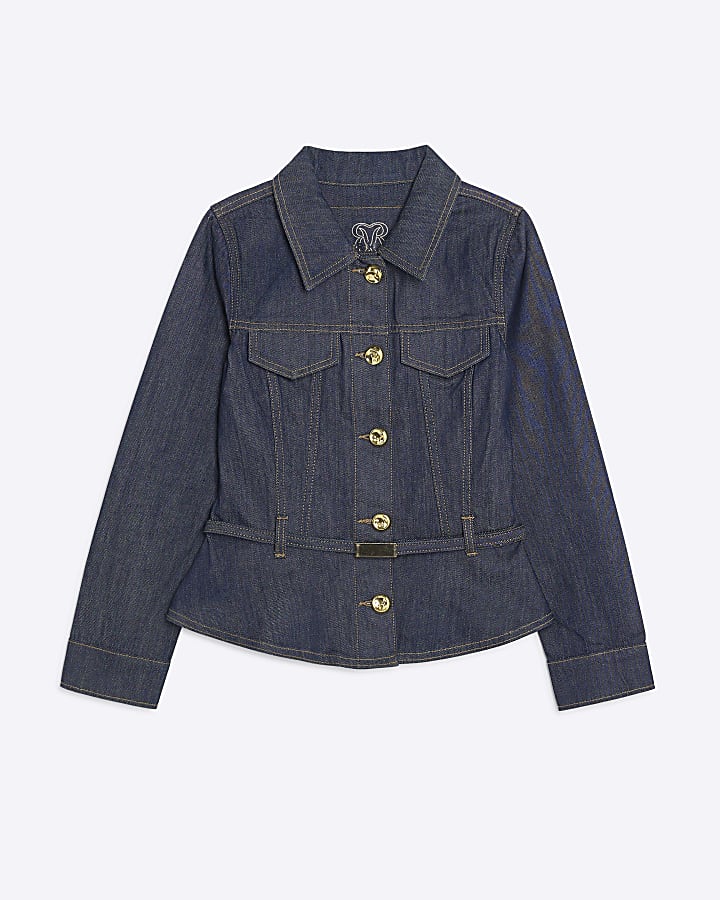 Petite Blue Denim Belted Peplum Jacket