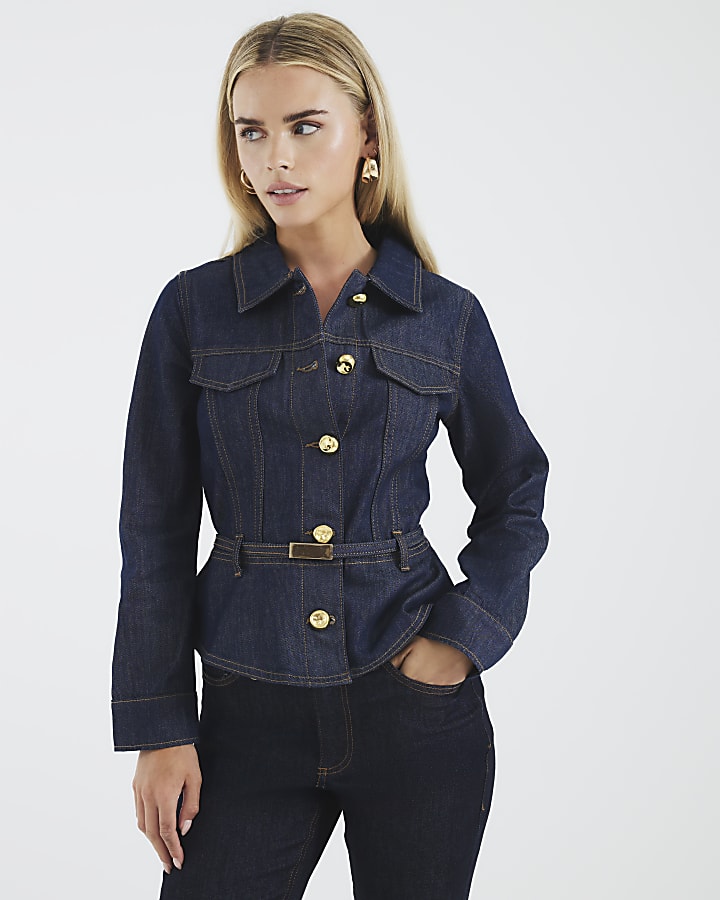 Petite Blue Denim Belted Peplum Jacket