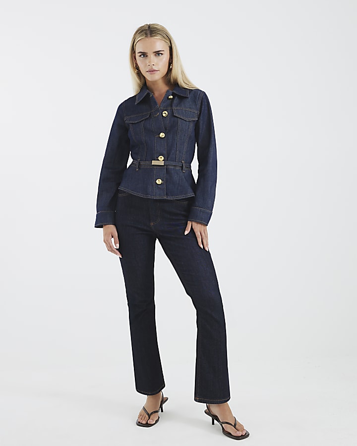 Petite Blue Denim Belted Peplum Jacket