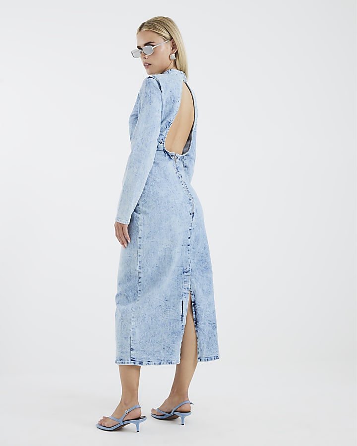 Petite Blue Denim Long Sleeve Midi Dress