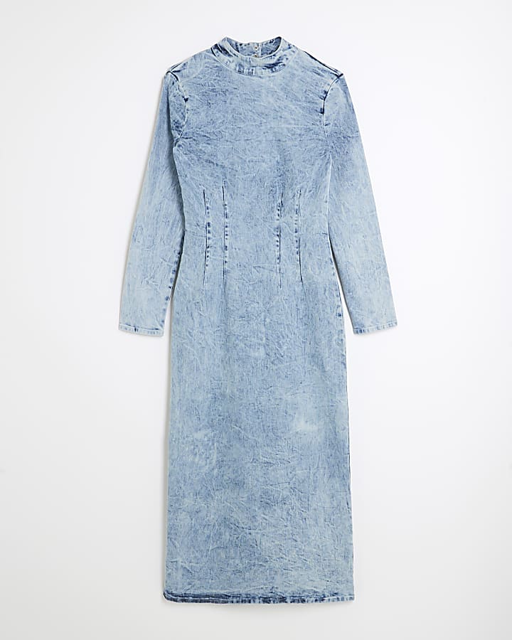 Petite Blue Denim Long Sleeve Midi Dress