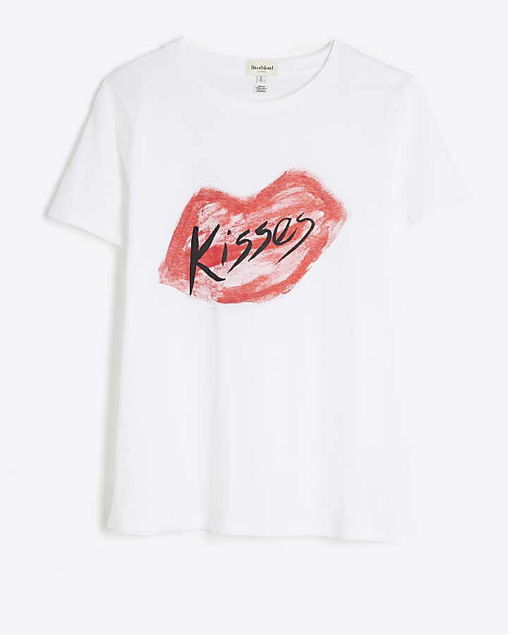 White Short Sleeve Kisses Sketch T-shirt