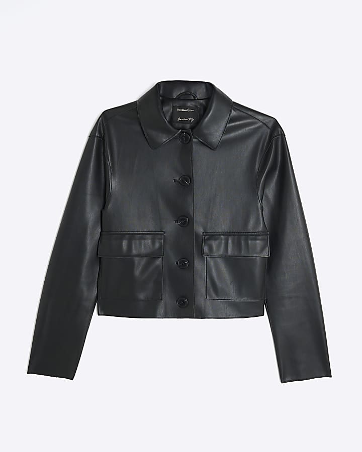 Black Faux Leather Button Through Jacket