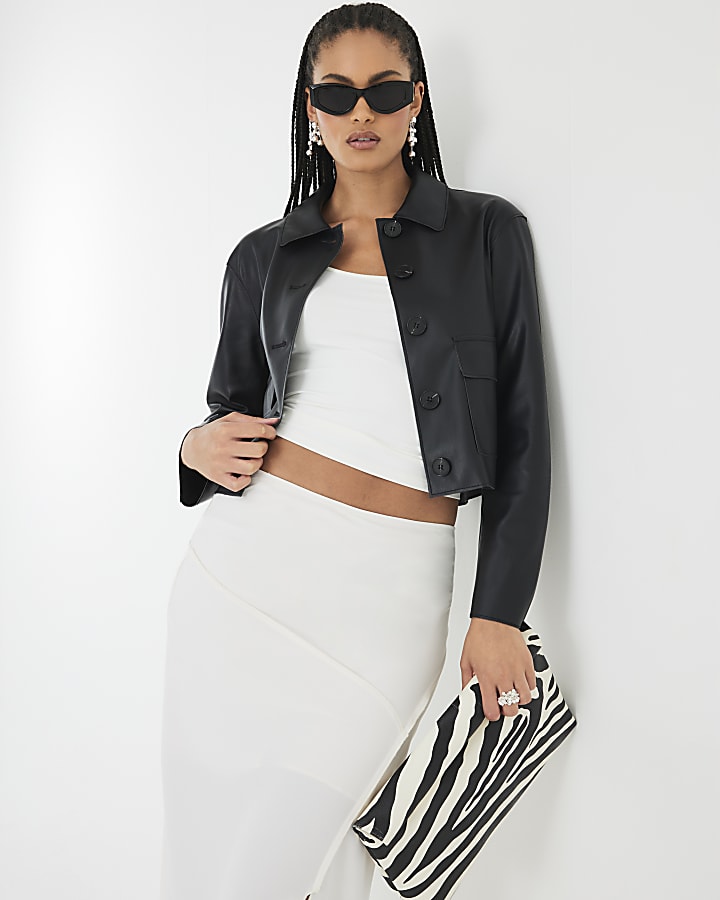 Black Faux Leather Button Through Jacket