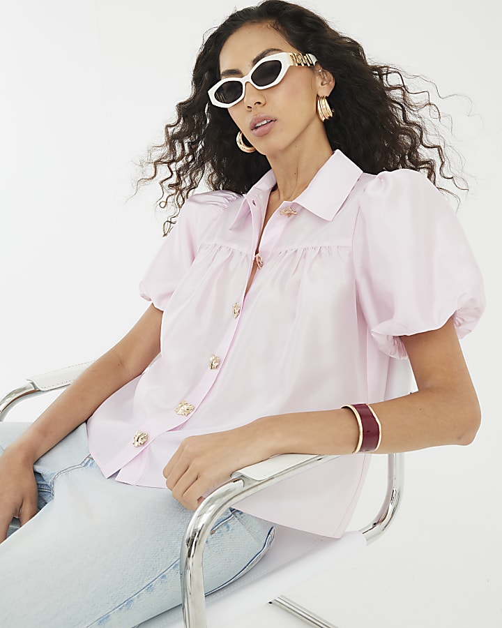 Pink Button Detail Short Puff Sleeve Shirt