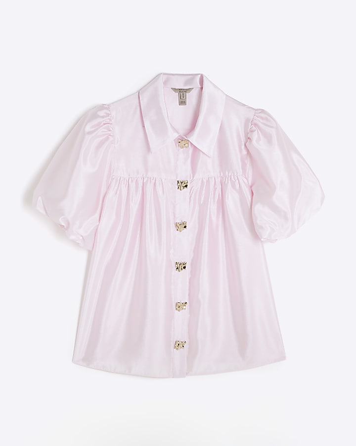 Pink Button Detail Short Puff Sleeve Shirt