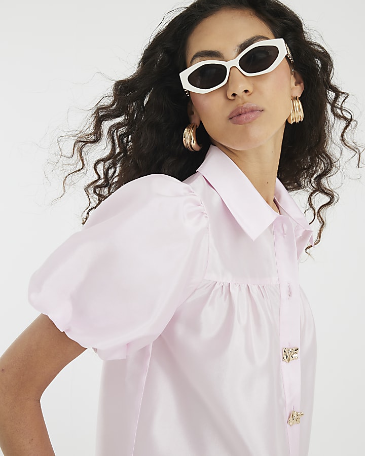 Pink Button Detail Short Puff Sleeve Shirt