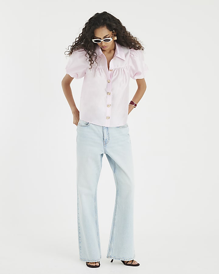 Pink Button Detail Short Puff Sleeve Shirt