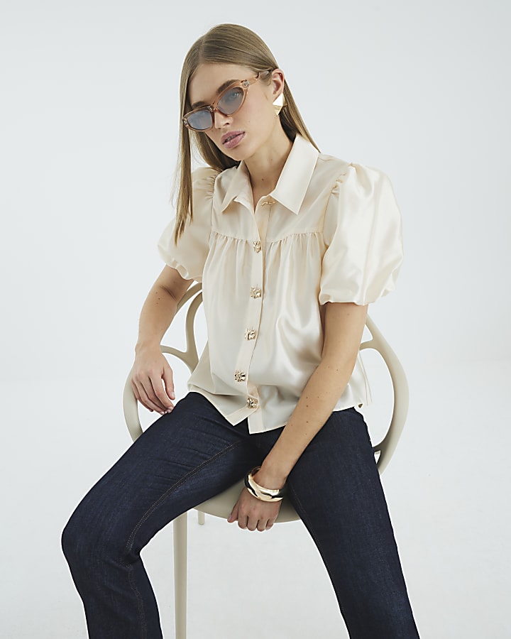 Cream Button Detail Short Puff Sleeve Shirt