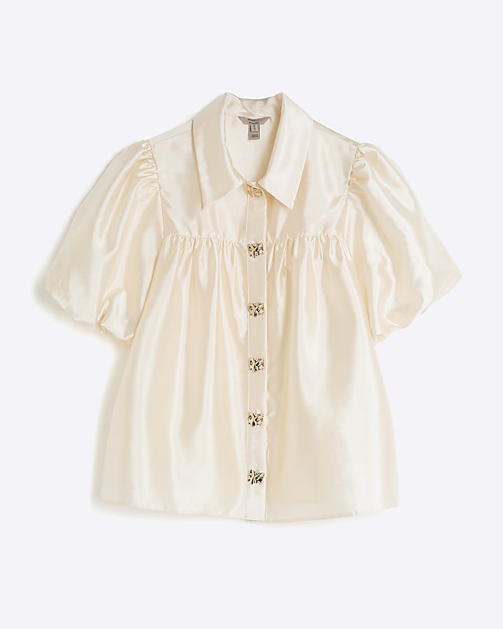 Cream Button Detail Short Puff Sleeve Shirt