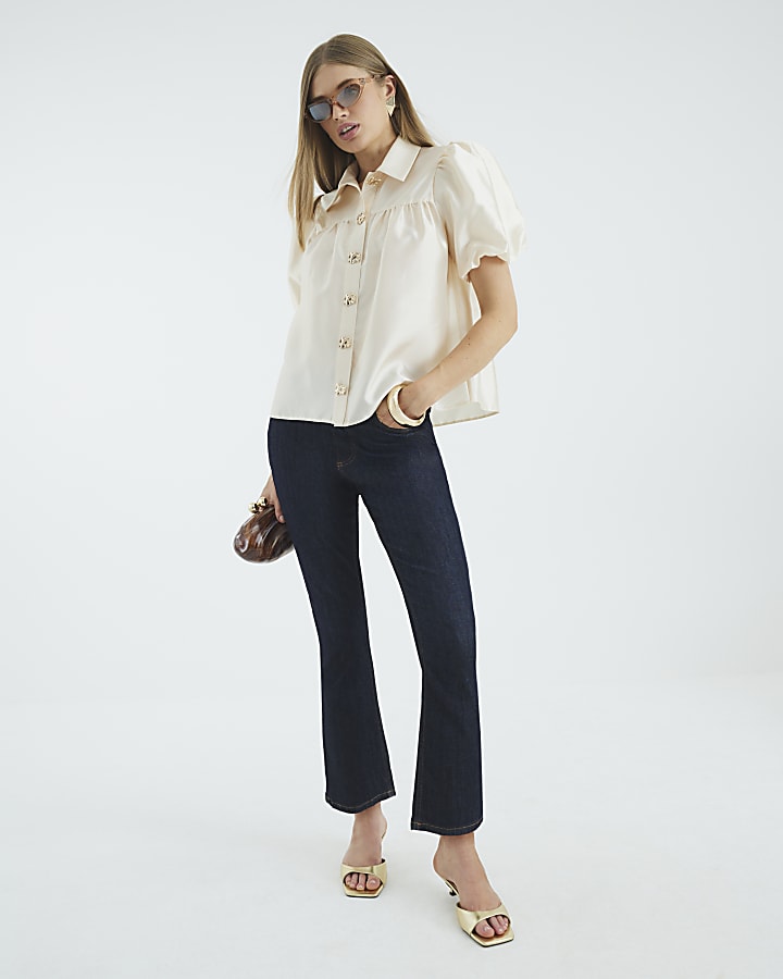 Cream Button Detail Short Puff Sleeve Shirt