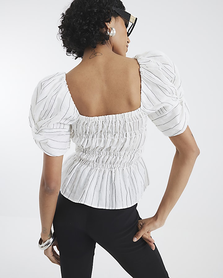 White Short Puff Sleeve Stripe Shirred Top