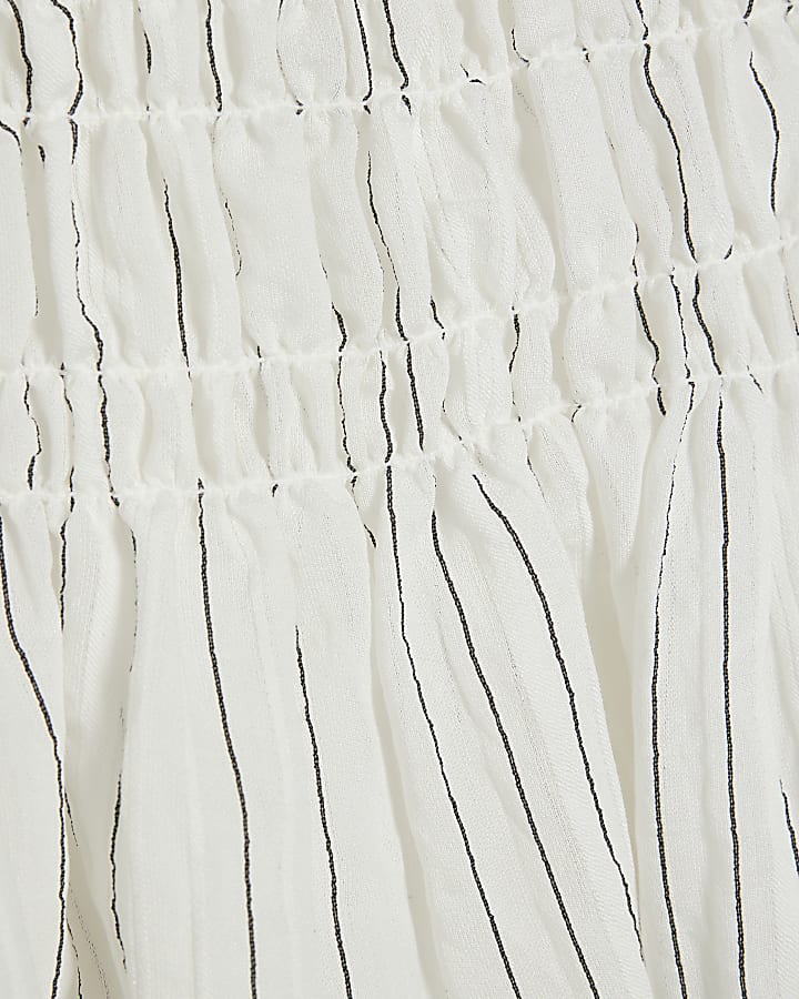 White Short Puff Sleeve Stripe Shirred Top