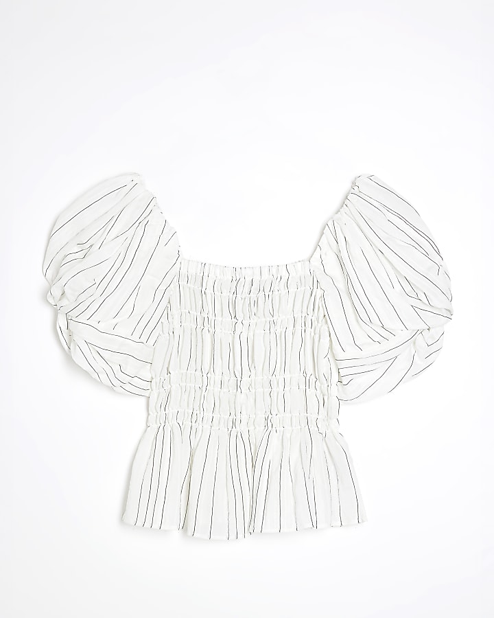White Short Puff Sleeve Stripe Shirred Top
