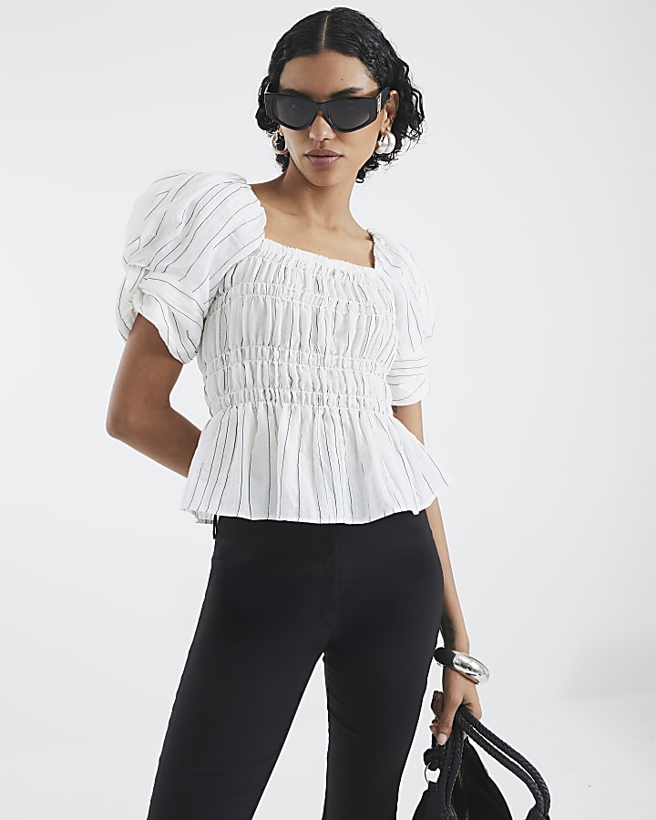 White Short Puff Sleeve Stripe Shirred Top