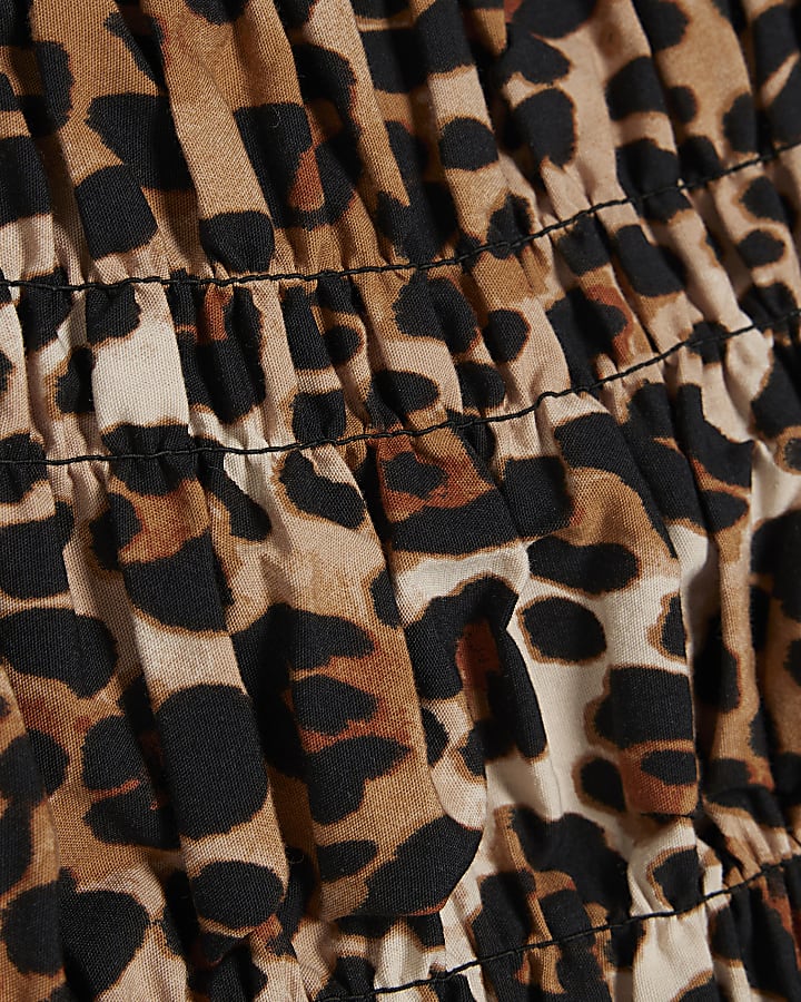 Brown Leopard Print Puff Sleeve Shirred Top